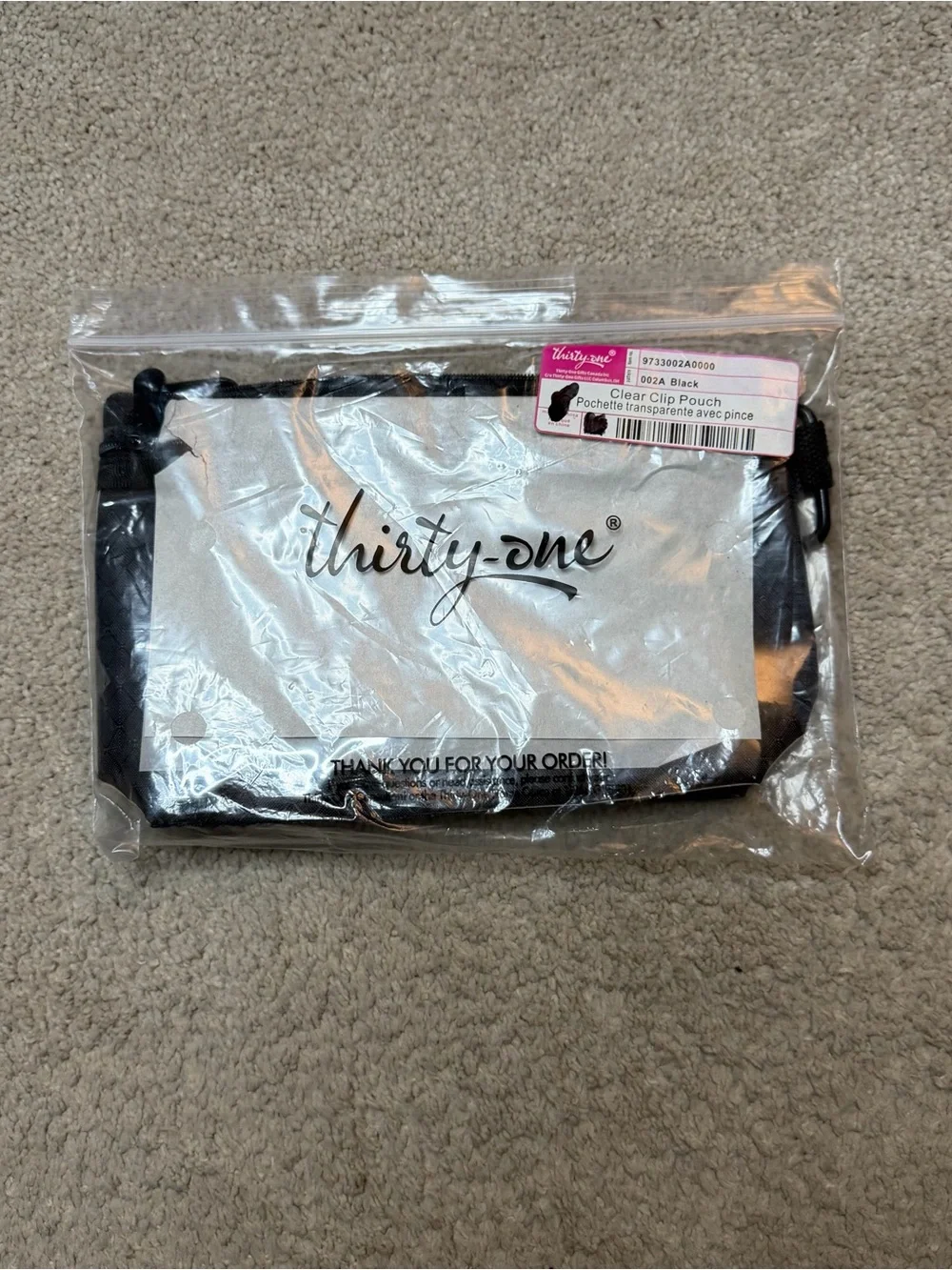 Thirty One Black Clear Clip Pouch with Zip and Carabiner